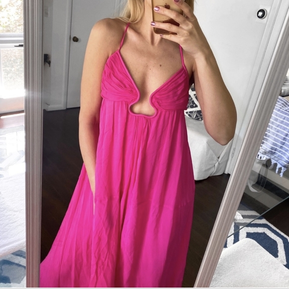ZARA sz XS LIMITED Fuchsia Pink Voluminous Chiffon Maxi Cutout Open Back Dress - Picture 4 of 16